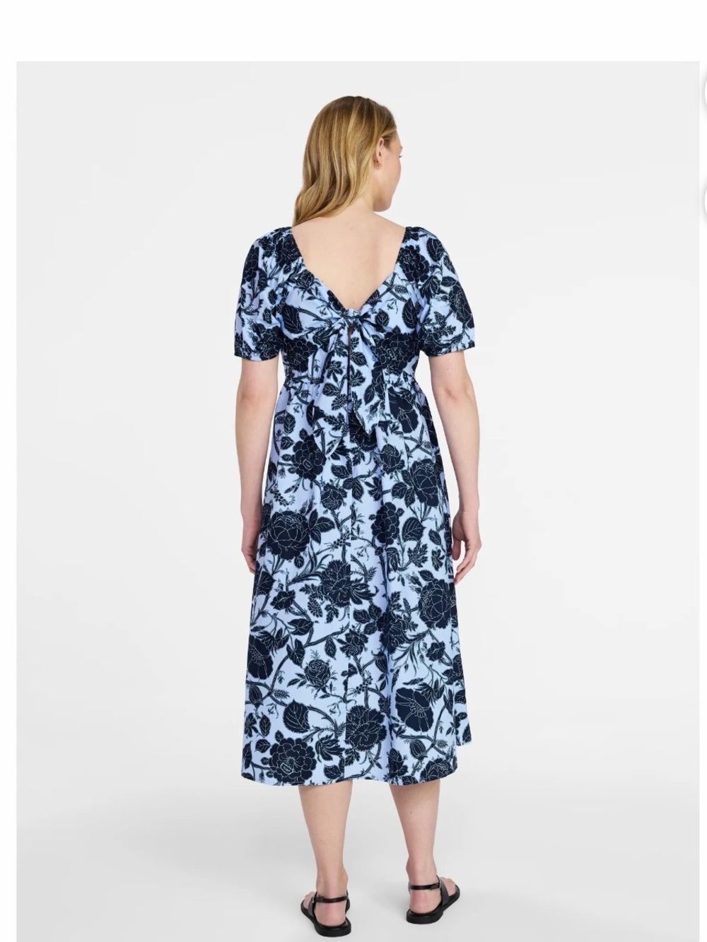 Time and Tru Light Blue & Navy Floral Midi Dress with V-Back 1x